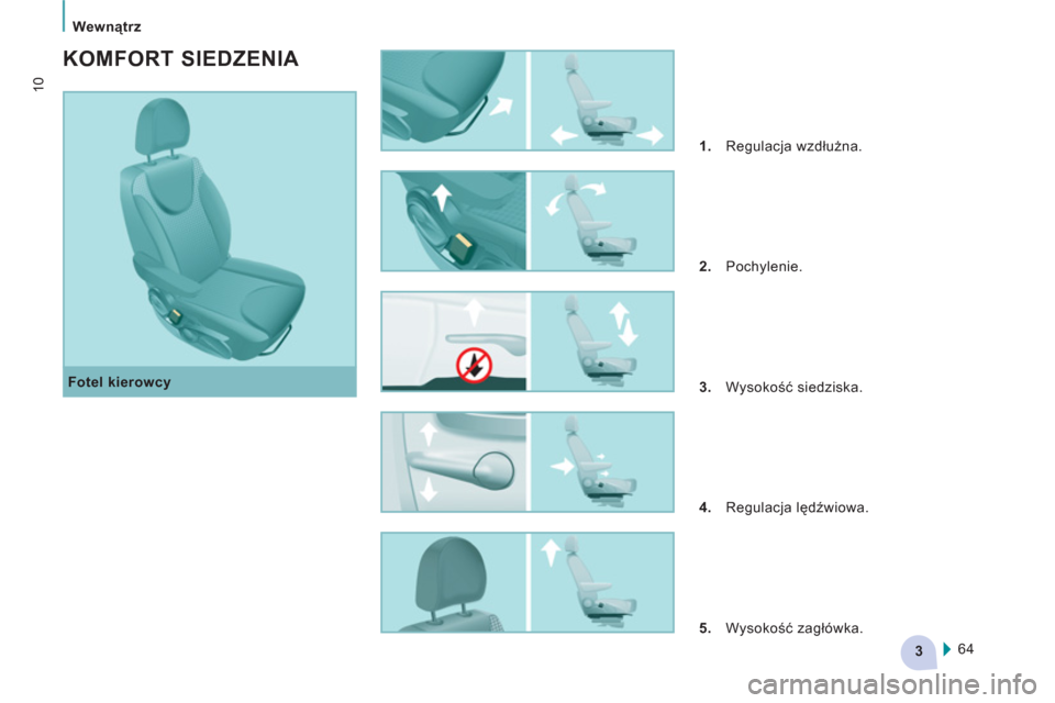 Peugeot Expert VU 2011  Instrukcja Obsługi (in Polish) 3
   
 
Wewnątrz  
 
10
 
 
Fotel kierowcy 
 
 
KOMFORT SIEDZENIA 
 
 
 
1. 
 Regulacja wzdłużna. 
   
2. 
 Pochylenie. 
   
3. 
 Wysokość siedziska. 
   
4. 
 Regulacja lędźwiowa. 
   
5. 
 Wy