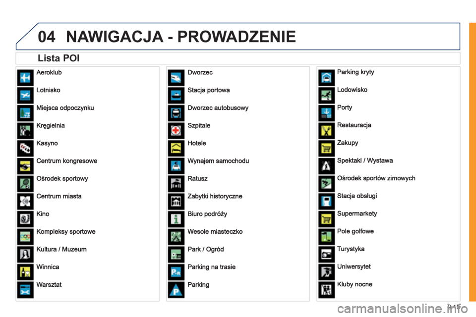Peugeot Expert VU 2011  Instrukcja Obsługi (in Polish) 9.15
04NAWIGACJA - PROWADZENIE 
   
 
Lista POI   
