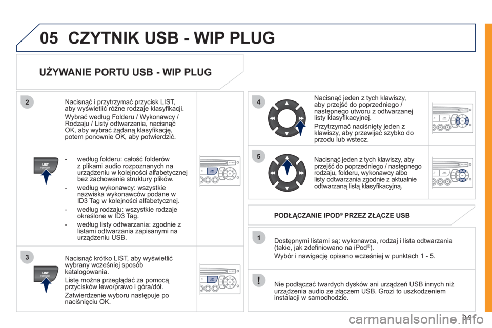 Peugeot Expert VU 2011  Instrukcja Obsługi (in Polish) 9.91
05
42
3
1
5
CZYTNIK USB - WIP PLUG
   
UŻYWANIE PORTU USB - WIP PLUG 
 
 
Nacisnąć krótko LIST, aby wyświetlić
wybrany wcześniej spos