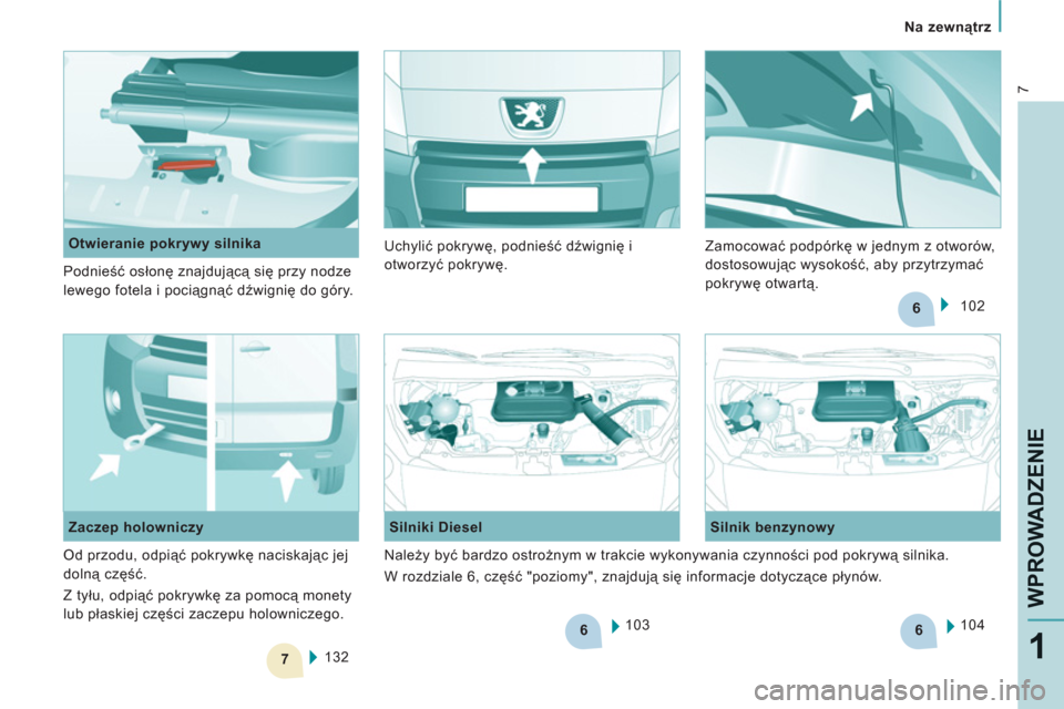 Peugeot Expert VU 2011  Instrukcja Obsługi (in Polish) 6
7
6
6
7
   
 
Na zewnątrz  
 
WPROWADZENI
E
1
 
103      
Silniki Diesel    
Silnik benzynowy 
  104  
  132  
     
Zaczep holowniczy     
 
Otwieranie pokrywy silnika 
  Podnieść osłonę znajd