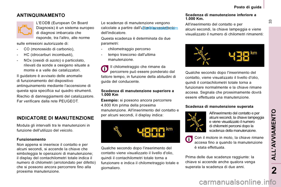 Peugeot Expert VU 2010 Manuale del proprietario (in Italian) 33
Posto di guida
ALLAVVIAMENTO
2
Funzionamento
Non appena si inserisce il contatto e per
alcuni secondi, si accende la chiave che
simboleggia le operazioni di manutenzione;
il dis Peugeot Expert VU 2010 Manuale del proprietario (in Italian) 33
Posto di guida
ALLAVVIAMENTO
2
Funzionamento
Non appena si inserisce il contatto e per
alcuni secondi, si accende la chiave che
simboleggia le operazioni di manutenzione;
il dis