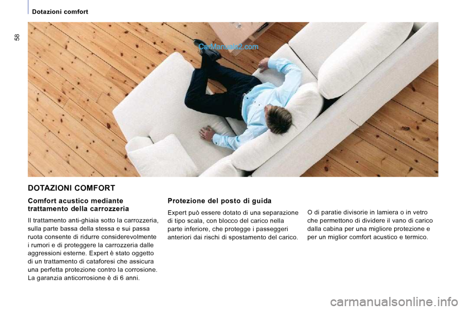 Peugeot Expert VU 2010  Manuale del proprietario (in Italian) 58
 Dotazioni  comfort 
 DOTAZIONI COMFORT 
  Protezione  del  posto  di  guida  
 Expert può essere dotato di una separazione  
di tipo scala, con blocco del carico nella 
parte inferiore, che prote