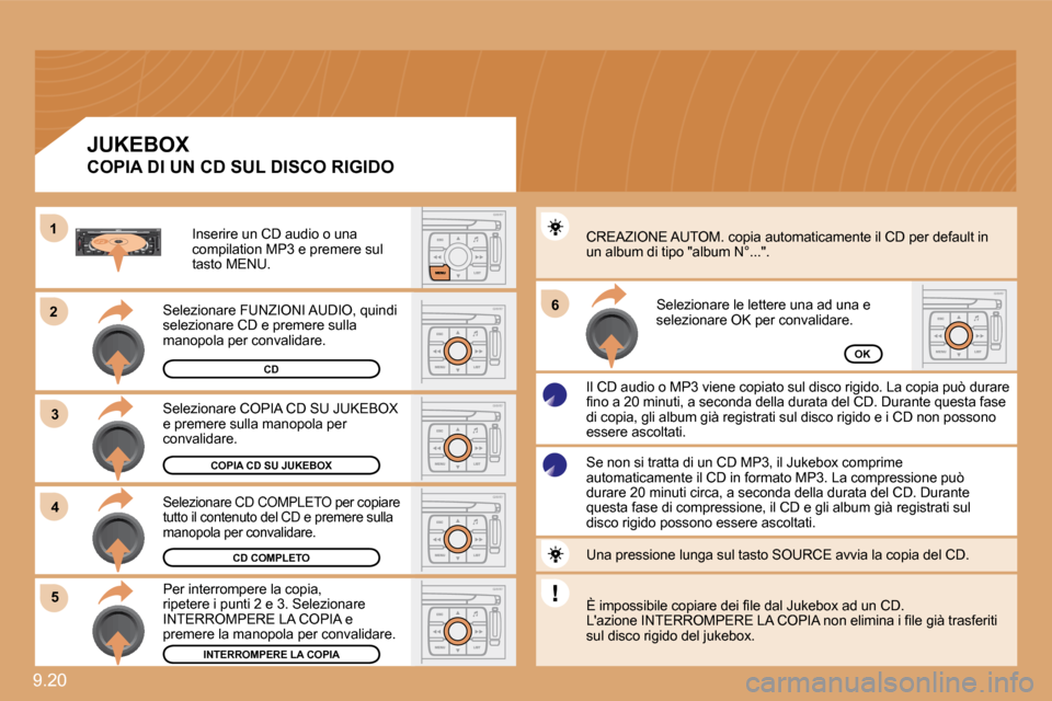 Peugeot Expert VU 2009  Manuale del proprietario (in Italian) �9�.�2�0� 
�2�2
�3�3
11
�5�5
�6�6
�4�4
COPIA CD SU JUKEBOX
CD COMPLETO
INTERROMPERE LA COPIA
OK
� �S�e�l�e�z�i�o�n�a�r�e� �C�O�P�I�A� �C�D� �S�U� �J�U�K�E�B�O�X� �e� �p�r�e�m�e�r�e� �s�u�l�l�a� �m�a�n