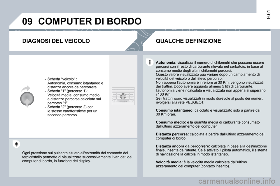 Peugeot Expert VU 2009  Manuale del proprietario (in Italian) �0�9
9.61
 COMPUTER DI BORDO 
� � �D�I�A�G�N�O�S�I� �D�E�L� �V�E�I�C�O�L�O� 
� � � �-� �  �S�c�h�e�d�a� �"�v�e�i�c�o�l�o�"� �:� � �  �A�u�t�o�n�o�m�i�a�,� �c�o�n�s�u�m�o� �i�s�t�a�n�t�a�n�e�o� �e� �d�