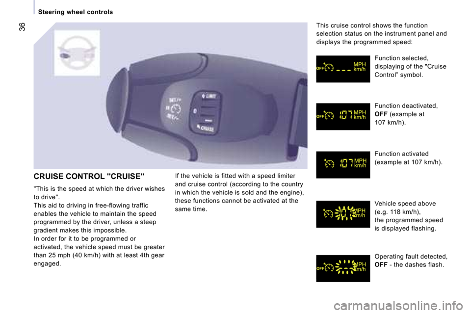 Peugeot Expert VU Dag 2007  Owners Manual �3�6
�S�t�e�e�r�i�n�g� �w�h�e�e�l� �c�o�n�t�r�o�l�s
�C�R�U�I�S�E� �C�O�N�T�R�O�L� �"�C�R�U�I�S�E�" 
�"�T�h�i�s� �i�s� �t�h�e� �s�p�e�e�d� �a�t� �w�h�i�c�h� �t�h�e� �d�r�i�v�e�r� �w�i�s�h�e�s�  
�t�o� 
