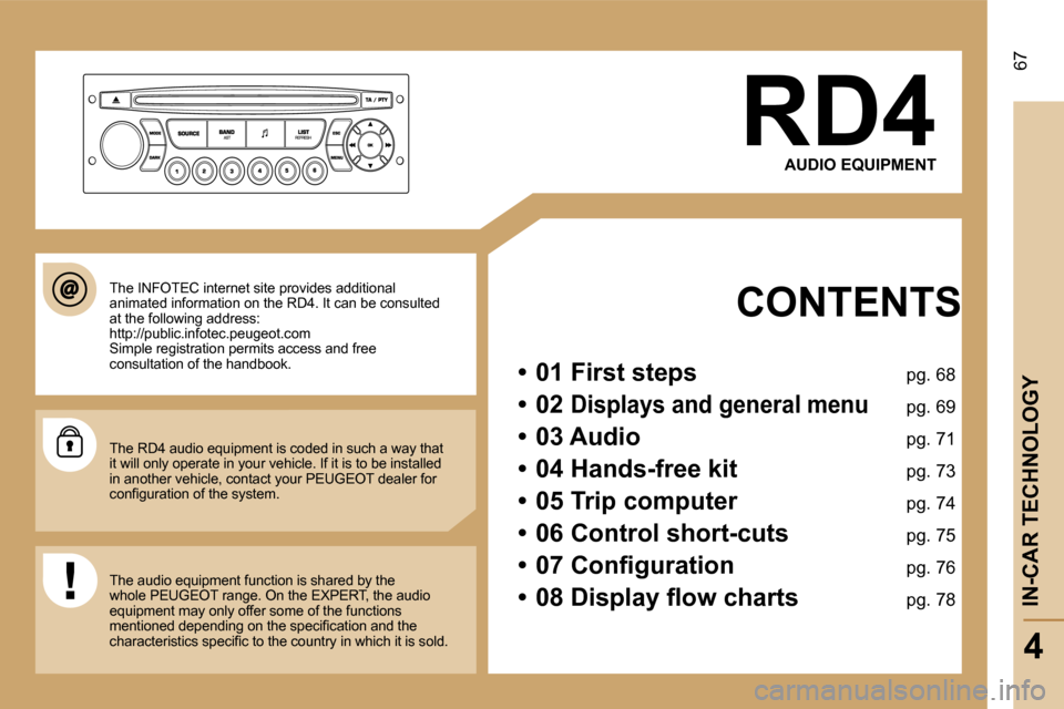 Peugeot Expert VU Dag 2007  Owners Manual �6�7
�R�D�4�A�U�D�I�O� �E�Q�U�I�P�M�E�N�T
�C�O�N�T�E�N�T�S
�•�  �0�1� �F�i�r�s�t� �s�t�e�p�s�  �p�g�.� �6�8
�•�  �0�2� 
�D�i�s�p�l�a�y�s� �a�n�d� �g�e�n�e�r�a�l� �m�e�n�u�  �p�g�.� �6�9
�•�  �0�