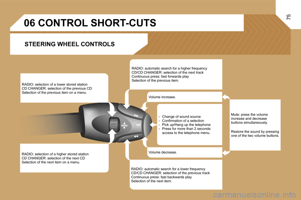 Peugeot Expert VU Dag 2007  Owners Manual �7�5
�R�A�D�I�O�:� �s�e�l�e�c�t�i�o�n� �o�f� �a� �h�i�g�h�e�r� �s�t�o�r�e�d� �s�t�a�t�i�o�n 
�C�D� �C�H�A�N�G�E�R�:� �s�e�l�e�c�t�i�o�n� �o�f� �t�h�e� �n�e�x�t� �C�D
�S�e�l�e�c�t�i�o�n� �o�f� �t�h�e� 
