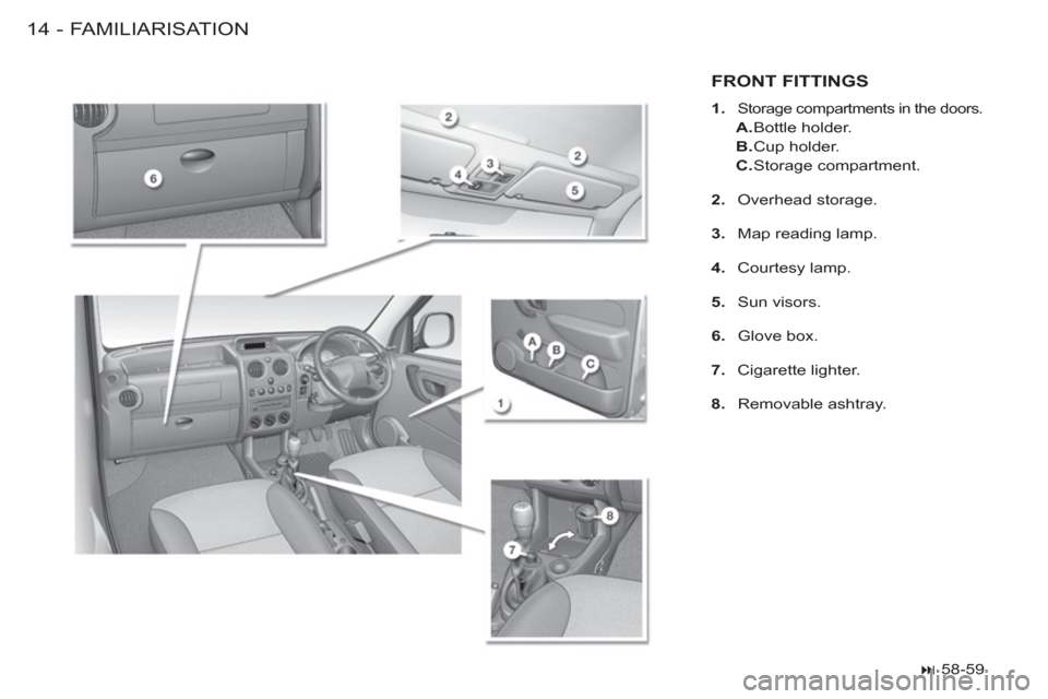 Peugeot M59 2012  Owners Manual - RHD (UK, Australia) FAMILIARISATION14 -
FRONT FITTINGS
   
 
1. 
 Storage compartments in the doors. 
   
 
A. 
 Bottle  holder. 
   
B. 
 Cup  holder. 
   
C. 
 Storage  compartment.  
   
2. 
 Overhead storage. 
   
3.
