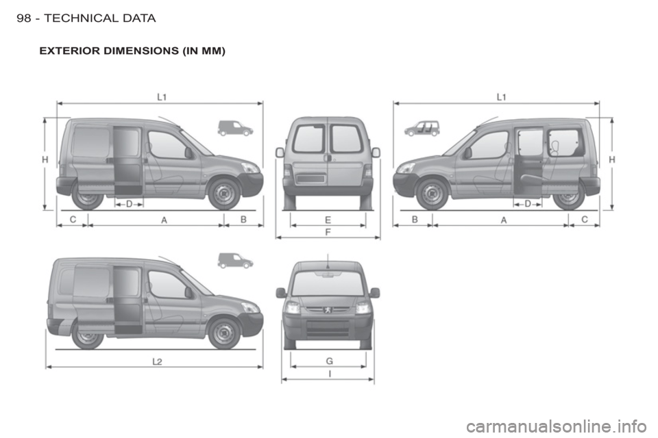 Peugeot M59 2012  Owners Manual - RHD (UK, Australia) TECHNICAL DATA
98 -
  EXTERIOR DIMENSIONS (IN MM)  