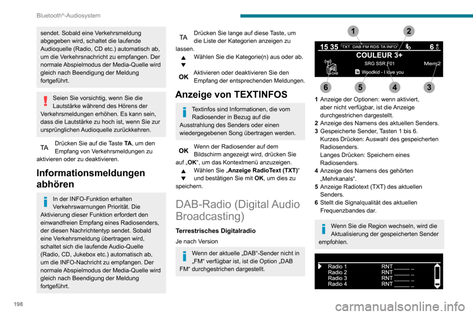 Peugeot Partner 2020  Betriebsanleitung (in German) 198
Bluetooth®-Audiosystem
Kompletten Liste aller Radiosender und aller „Mehrkanäle“.
Terrestrisches Digitalradio
Mit dem digitalen Radio können Sie 
bessere Qualität und außerdem 
zusätzlic