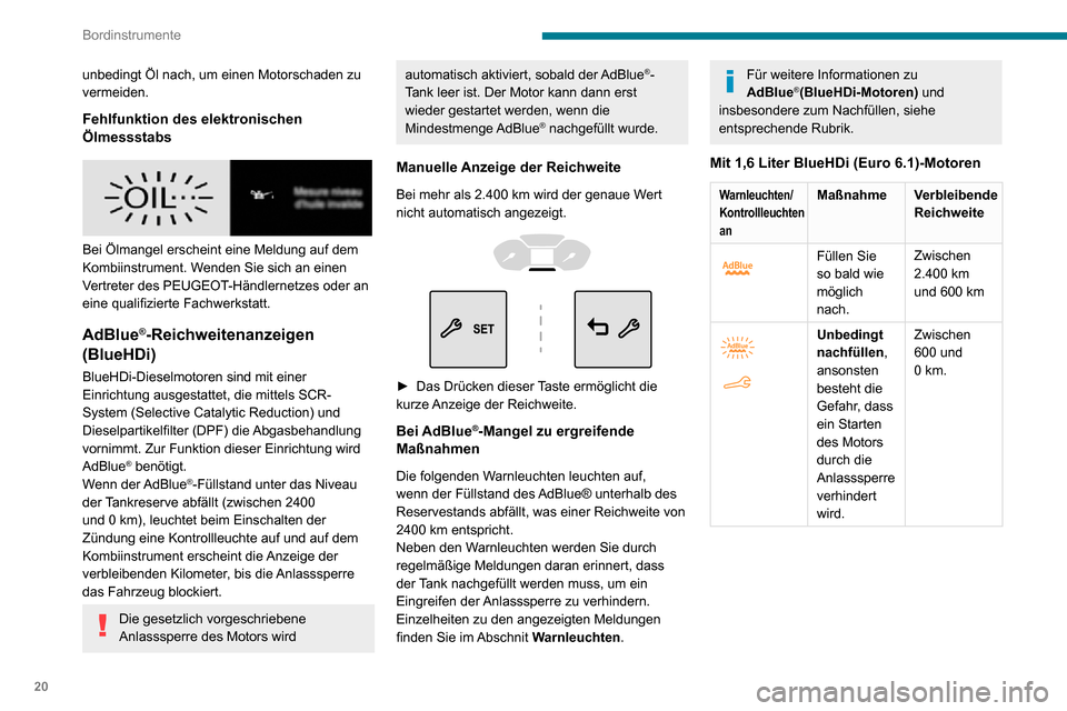 Peugeot Partner 2020 Betriebsanleitung (in German) 20
Bordinstrumente
unbedingt Öl nach, um einen Motorschaden zu
vermeiden.
Fehlfunktion des elektronischen
Ölmessstabs
Bei Ölmangel erscheint eine Meldung auf dem
Kombiinstrument. Wenden Sie Peugeot Partner 2020 Betriebsanleitung (in German) 20
Bordinstrumente
unbedingt Öl nach, um einen Motorschaden zu
vermeiden.
Fehlfunktion des elektronischen
Ölmessstabs
Bei Ölmangel erscheint eine Meldung auf dem
Kombiinstrument. Wenden Sie