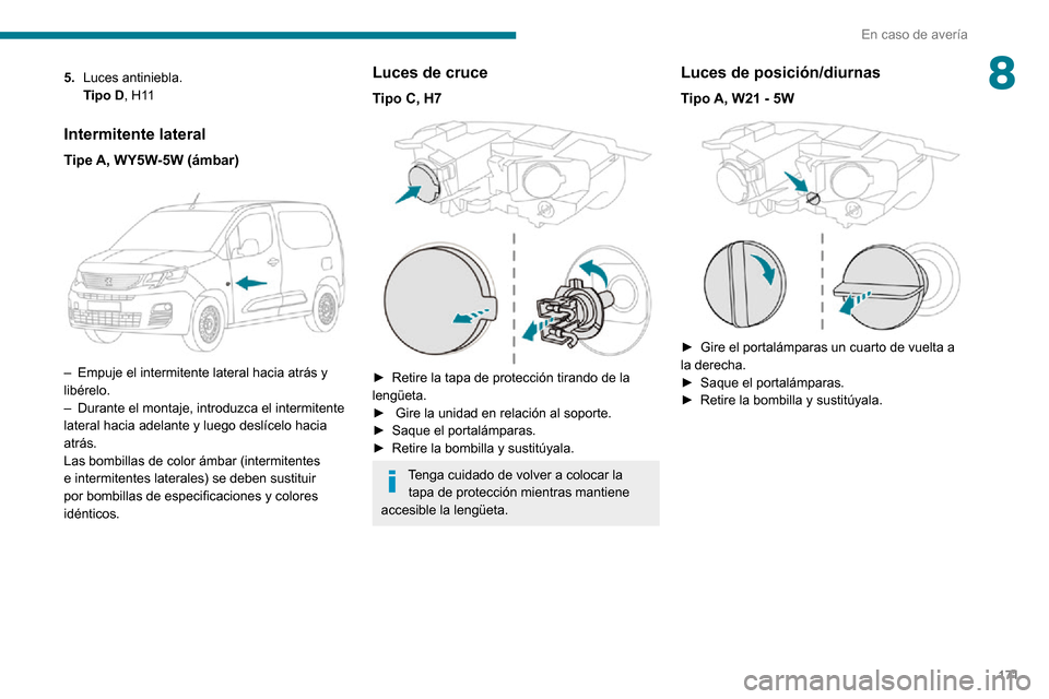 Peugeot Partner 2020  Manual del propietario (in Spanish) 171
En caso de avería
85.Luces antiniebla.Tipo D, H11
Intermitente lateral
Tipe A, WY5W-5W (ámbar) 
 
– Empuje el intermitente lateral hacia atrás y libérelo.– Durante el montaje, introduzca e
