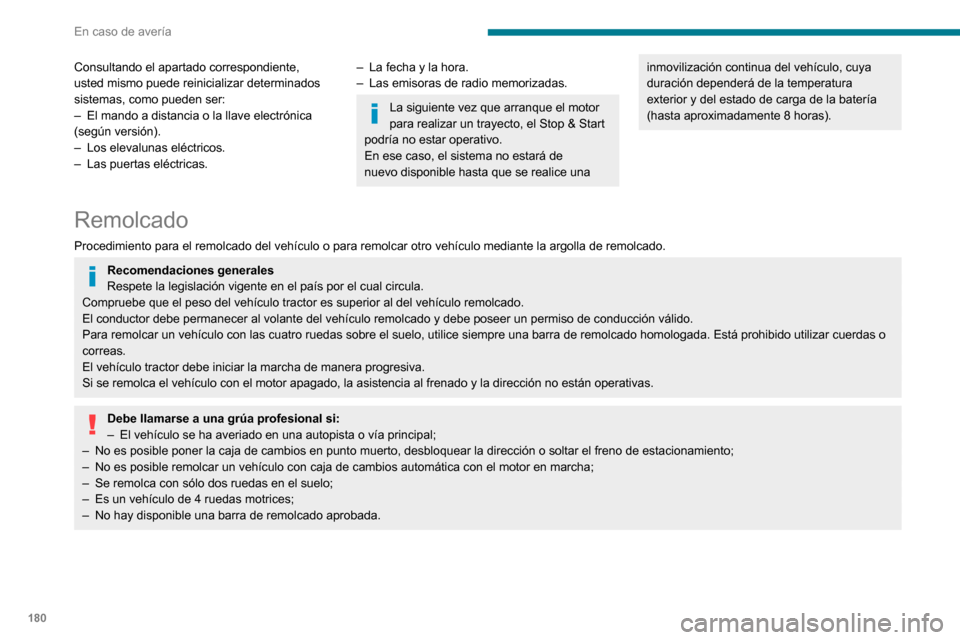 Peugeot Partner 2020  Manual del propietario (in Spanish) 180
En caso de avería
Consultando el apartado correspondiente, 
usted mismo puede reinicializar determinados 
sistemas, como pueden ser:
– El mando a distancia o la llave electrónica (según versi