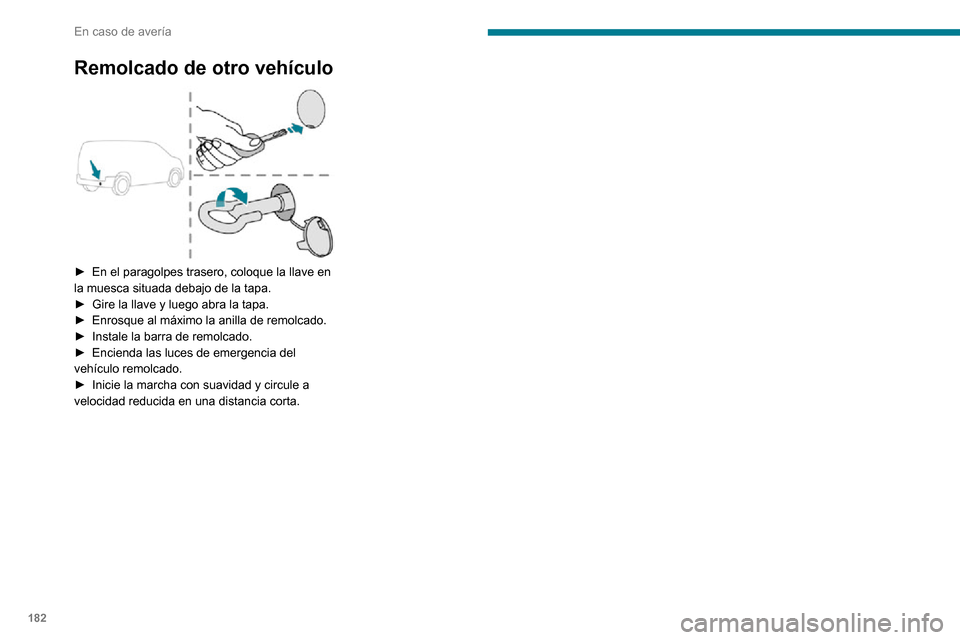 Peugeot Partner 2020  Manual del propietario (in Spanish) 182
En caso de avería
Remolcado de otro vehículo 
 
► En el paragolpes trasero, coloque la llave en la muesca situada debajo de la tapa.► Gire la llave y luego abra la tapa.► Enrosque al máxi