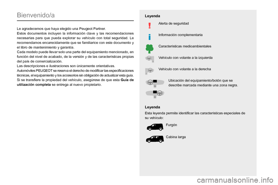 Peugeot Partner 2020 Manual del propietario (in Spanish)
Bienvenido/a
Le agradecemos que haya elegido una Peugeot Partner.Estos documentos incluyen la información clave y las recomendaciones
necesarias Peugeot Partner 2020 Manual del propietario (in Spanish)
Bienvenido/a
Le agradecemos que haya elegido una Peugeot Partner.Estos documentos incluyen la información clave y las recomendaciones
necesarias