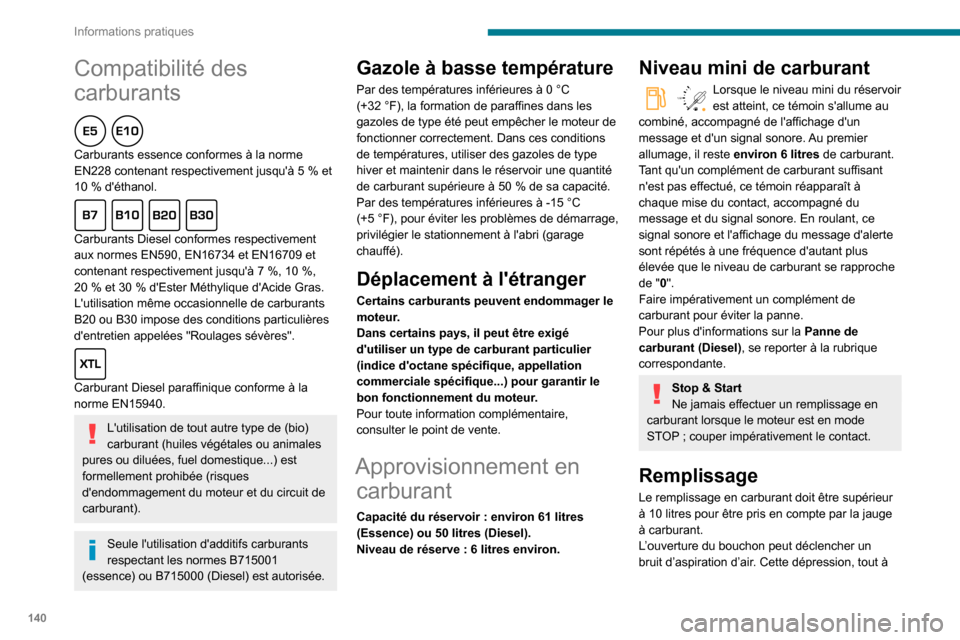Peugeot Partner 2020  Manuel du propriétaire (in French) 140
Informations pratiques
Compatibilité des 
carburants
  
Carburants essence conformes à la norme EN228 contenant respectivement jusquà 5 % et 10 % déthanol.  
Carburants Diesel conformes resp