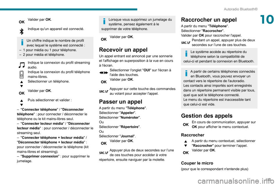Peugeot Partner 2020  Manuel du propriétaire (in French) 193
Autoradio Bluetooth®
10Valider par OK. 
Indique quun appareil est connecté. 
Un chiffre indique le nombre de profil 
avec lequel le système est connecté :
– 1 pour média ou 1 pour téléph