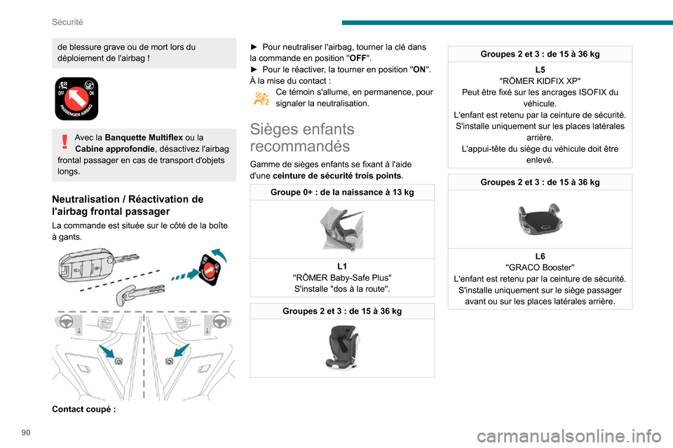 Peugeot Partner 2020  Manuel du propriétaire (in French) 90
Sécurité
de blessure grave ou de mort lors du déploiement de lairbag !
 
 
Avec la Banquette Multiflex ou la Cabine approfondie , désactivez lairbag 
frontal passager en cas de transport dob