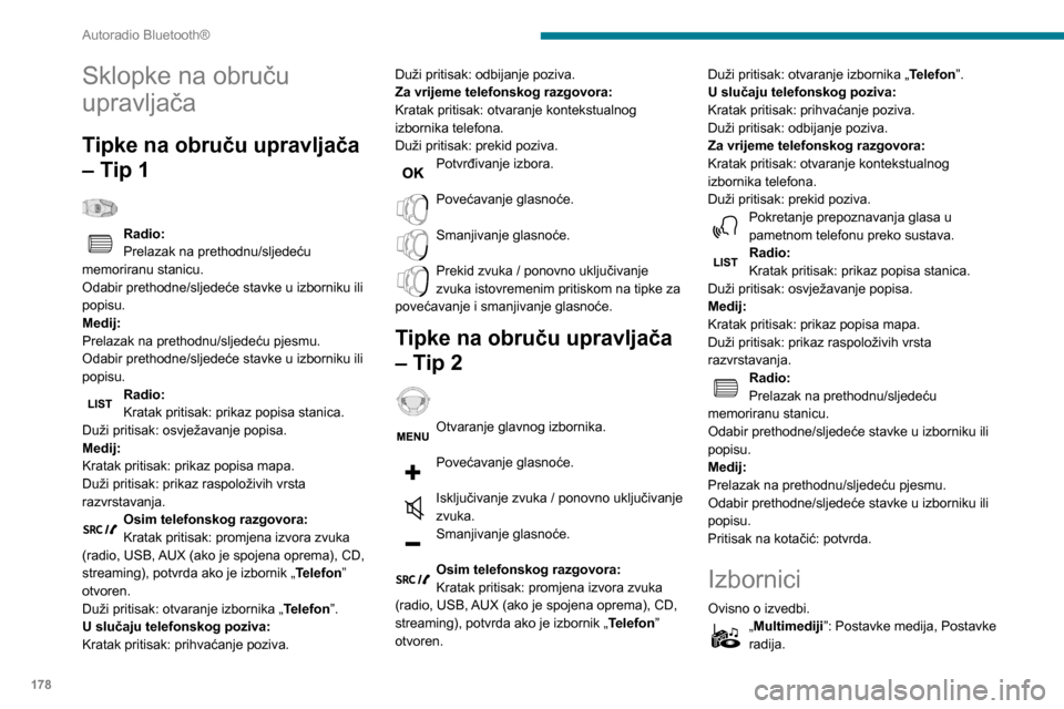 Peugeot Partner 2020  Vodič za korisnike (in Croatian) 178
Autoradio Bluetooth®
„Telefon”: Poziv, Upravljanje mapom, 
Upravljanje telefonom, Prekid veze.
„Putno računalo”. 
„Održavanje”: Dijagnostika, Popis 
upozorenja itd.
„Spajanja”: 