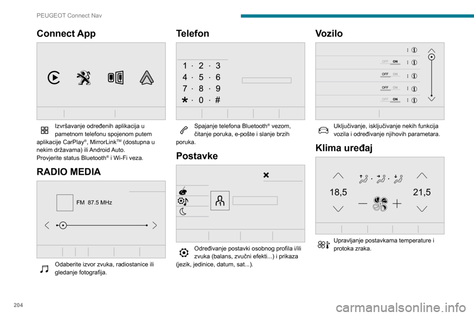 Peugeot Partner 2020 Vodič za korisnike (in Croatian) 204
PEUGEOT Connect Nav
Connect App
Izvršavanje određenih aplikacija u
pametnom telefonu spojenom putem
aplikacije CarPlay
®, MirrorLinkTM (dostupna u
nekim državama) ili Android Auto.
Provj Peugeot Partner 2020 Vodič za korisnike (in Croatian) 204
PEUGEOT Connect Nav
Connect App
Izvršavanje određenih aplikacija u
pametnom telefonu spojenom putem
aplikacije CarPlay
®, MirrorLinkTM (dostupna u
nekim državama) ili Android Auto.
Provj