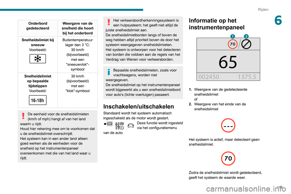 Peugeot Partner 2020 Handleiding (in Dutch) 11 5
Rijden
6Onderbord
gedetecteerd Weergave van de
snelheid die hoort bij het onderbord
Snelheidslimiet bij sneeuw
Voorbeeld:
Buitentemperatuur lager dan 3 °C: 30
km/h
(bijvoorbeeld) met Peugeot Partner 2020 Handleiding (in Dutch) 11 5
Rijden
6Onderbord
gedetecteerd Weergave van de
snelheid die hoort bij het onderbord
Snelheidslimiet bij sneeuw
Voorbeeld:
Buitentemperatuur lager dan 3 °C: 30
km/h
(bijvoorbeeld) met