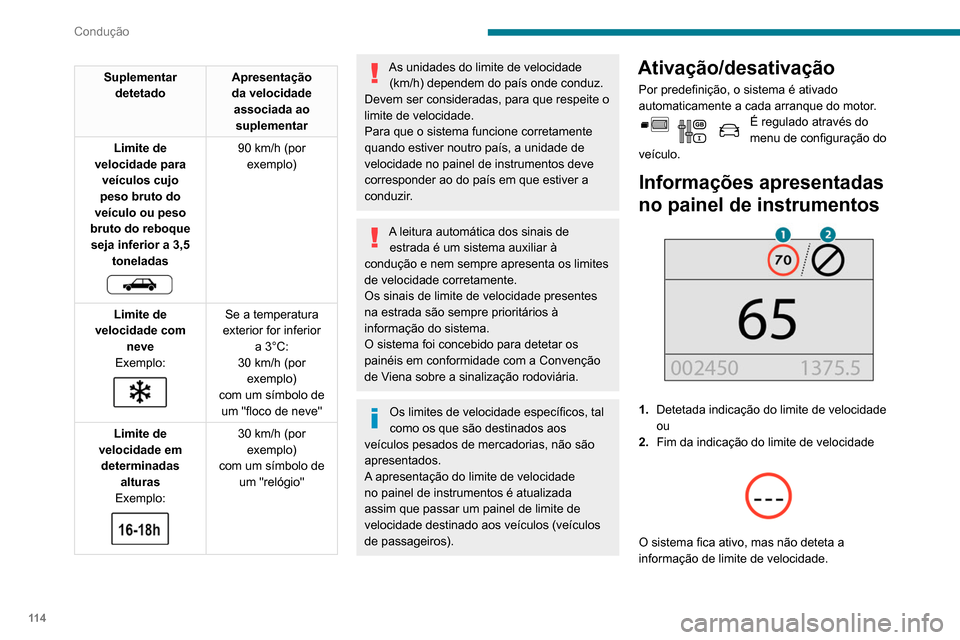 Peugeot Partner 2020 Manual do proprietário (in Portuguese) 11 4
Condução
Suplementar detetado Apresentação
da velocidade
associada ao suplementar
Limite de
velocidade para veículos cujo
peso bruto do
veículo ou peso
bruto do reboque seja inferi Peugeot Partner 2020 Manual do proprietário (in Portuguese) 11 4
Condução
Suplementar detetado Apresentação
da velocidade
associada ao suplementar
Limite de
velocidade para veículos cujo
peso bruto do
veículo ou peso
bruto do reboque seja inferi