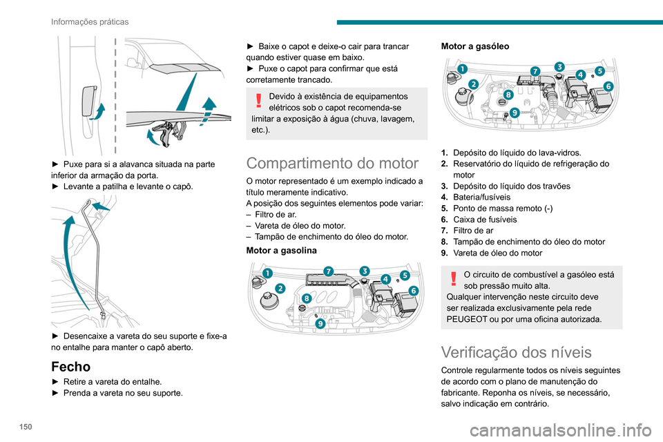 Peugeot Partner 2020 Manual do proprietário (in Portuguese) 150
Informações práticas
Em caso de descida significativa do nível,
solicite a verificação do sistema correspondente
pela rede PEUGEOT ou uma oficina autorizada.
Os líquidos devem estar em
c Peugeot Partner 2020 Manual do proprietário (in Portuguese) 150
Informações práticas
Em caso de descida significativa do nível,
solicite a verificação do sistema correspondente
pela rede PEUGEOT ou uma oficina autorizada.
Os líquidos devem estar em
c