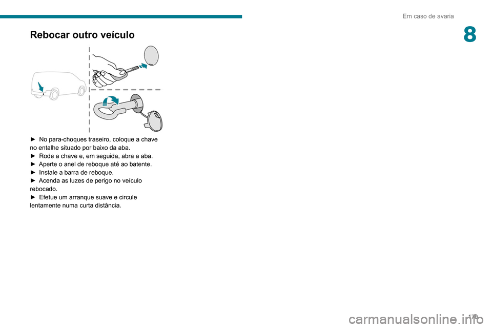 Peugeot Partner 2020  Manual do proprietário (in Portuguese) 179
Em caso de avaria
8Rebocar outro veículo 
 
► No para-choques traseiro, coloque a chave 
no entalhe situado por baixo da aba.
►
 
Rode a chave e, em seguida, abra a aba.
►

 
Aperte o anel 