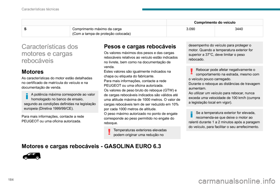 Peugeot Partner 2020 Manual do proprietário (in Portuguese) 184
Características técnicas
Comprimento do veículo
S Comprimento máximo da carga
(Com a tampa de proteção colocada) 3.090
3440
Características dos
motores e cargas
rebocáveis
Motores
As car Peugeot Partner 2020 Manual do proprietário (in Portuguese) 184
Características técnicas
Comprimento do veículo
S Comprimento máximo da carga
(Com a tampa de proteção colocada) 3.090
3440
Características dos
motores e cargas
rebocáveis
Motores
As car