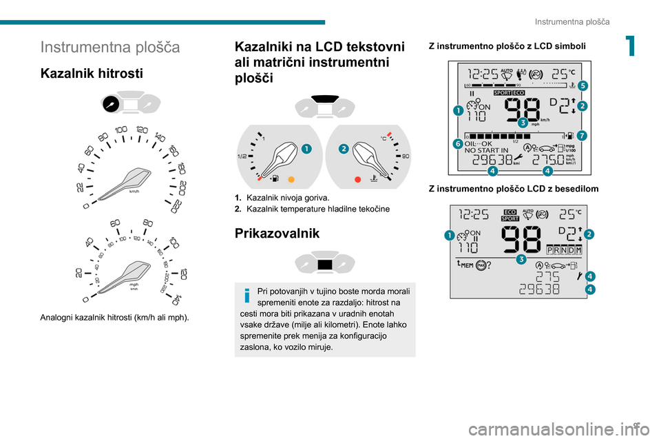 Peugeot Partner 2020  Priročnik za lastnika (in Slovenian) 9
Instrumentna plošča
1Instrumentna plošča
Kazalnik hitrosti 
 
 
 
Analogni kazalnik hitrosti (km/h ali mph).
Kazalniki na LCD tekstovni 
ali matrični instrumentni 
plošči
 
 
1. Kazalnik nivo