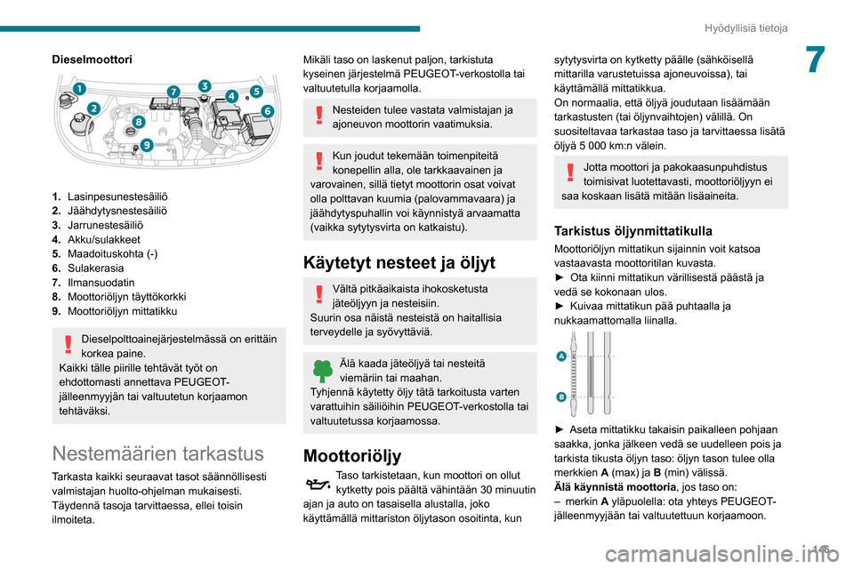 Peugeot Partner 2020 Omistajan käsikirja (in Finnish) 145
Hyödyllisiä tietoja
7Dieselmoottori
1.Lasinpesunestesäiliö
2. Jäähdytysnestesäiliö
3. Jarrunestesäiliö
4. Akku/sulakkeet
5. Maadoituskohta (-)
6. Sulakerasia
7. Ilmansuodatin
8. Moott Peugeot Partner 2020 Omistajan käsikirja (in Finnish) 145
Hyödyllisiä tietoja
7Dieselmoottori
1.Lasinpesunestesäiliö
2. Jäähdytysnestesäiliö
3. Jarrunestesäiliö
4. Akku/sulakkeet
5. Maadoituskohta (-)
6. Sulakerasia
7. Ilmansuodatin
8. Moott