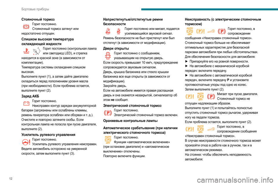 Peugeot Partner 2020  Инструкция по эксплуатации (in Russian) 12
Бортовые приборы
Стояночный тормозГорит постоянно.Стояночный тормоз затянут или 
недостаточно отпущен.
Сл