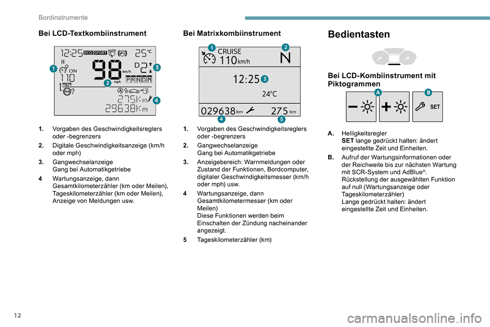 Peugeot Partner 2019  Betriebsanleitung (in German) 12
Bei LCD-Textkombiinstrument
1.Vorgaben des Geschwindigkeitsreglers 
oder -begrenzers
2. Digitale Geschwindigkeitsanzeige (km/h 
oder mph)
3. Gangwechselanzeige
Gang bei Automatikgetriebe
4 Wartungs