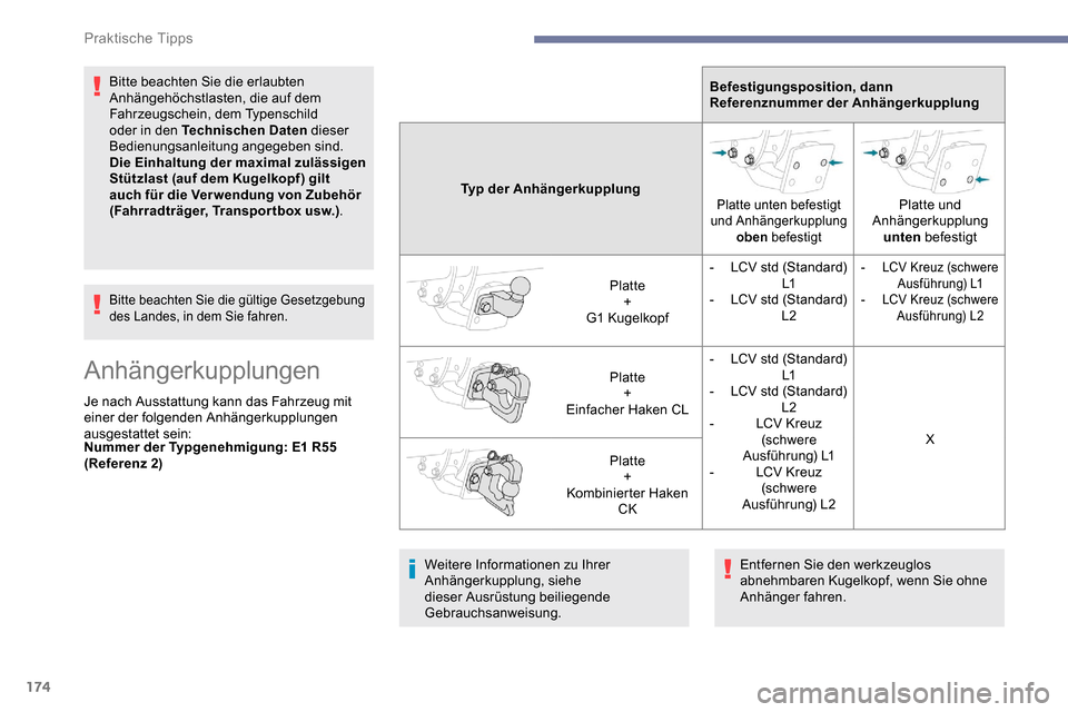 Peugeot Partner 2019  Betriebsanleitung (in German) 174
Bitte beachten Sie die erlaubten 
Anhängehöchstlasten, die auf dem 
Fahrzeugschein, dem Typenschild 
oder in den Technischen Daten dieser 
Bedienungsanleitung angegeben sind.
Die Einhaltung der 