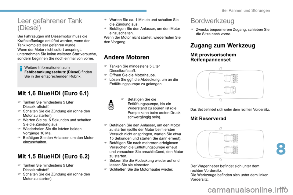Peugeot Partner 2019  Betriebsanleitung (in German) 187
Leer gefahrener Tank 
(Diesel)
Bei Fahrzeugen mit Dieselmotor muss die 
Kraftstoffanlage entlüftet werden, wenn der 
Tank komplett leer gefahren wurde.
Wenn der Motor nicht sofort anspringt, 
unt