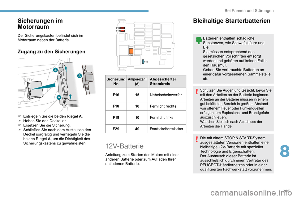 Peugeot Partner 2019  Betriebsanleitung (in German) 203
Sicherungen im  
Motorraum
Der Sicherungskasten befindet sich im 
Motorraum neben der Batterie.
Zugang zu den Sicherungen
F Entriegeln Sie die beiden Riegel A.
F  H eben Sie den Deckel an.
F
 
E
 