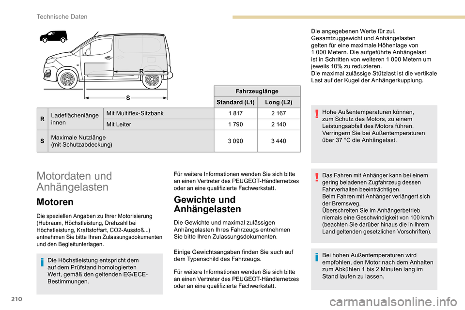 Peugeot Partner 2019  Betriebsanleitung (in German) 210
Fahrzeuglänge
Standard (L1) Long (L2)
R Ladeflächenlänge 
innen Mit Multiflex-Sitzbank
1
 

817 2
 

167
Mit Leiter 1
 
790 2
 

140
S Maximale Nutzlänge
(mit Schutzabdeckung) 3
 
090 3   440
