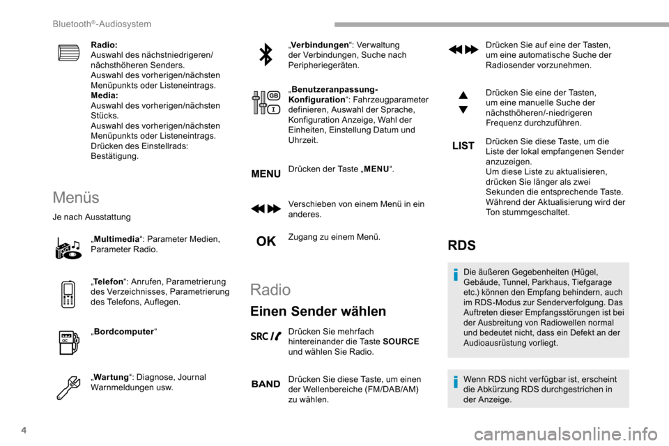 Peugeot Partner 2019  Betriebsanleitung (in German) 4
Radio:
Auswahl des nächstniedrigeren/
nächsthöheren Senders.
Auswahl des vorherigen/nächsten 
Menüpunkts oder Listeneintrags.
Media:
Auswahl des vorherigen/nächsten 
Stücks.
Auswahl des vorhe