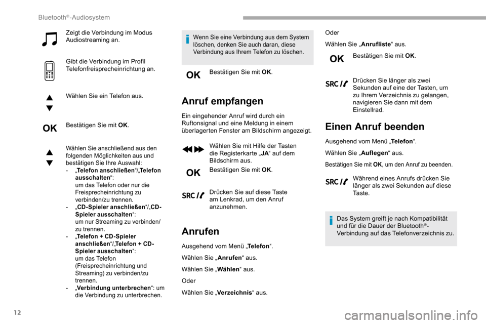 Peugeot Partner 2019  Betriebsanleitung (in German) 12
Zeigt die Verbindung im Modus 
Audiostreaming an.
Gibt die Verbindung im Profil 
Telefonfreisprecheinrichtung an.
Wählen Sie ein Telefon aus.
Bestätigen Sie mit OK.
Wählen Sie anschließend aus 