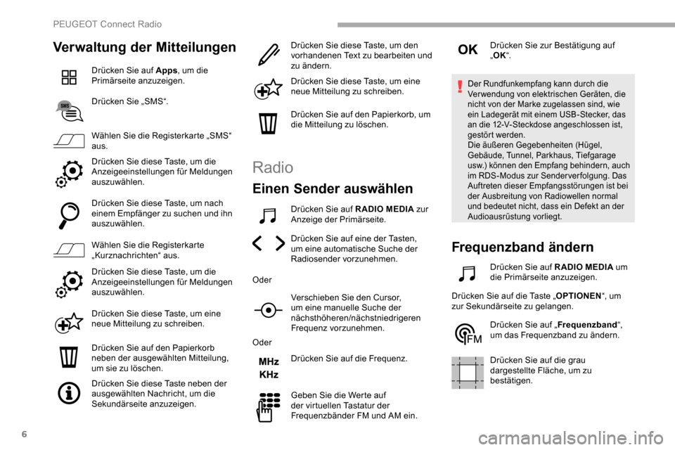 Peugeot Partner 2019  Betriebsanleitung (in German) 6
Verwaltung der Mitteilungen
Drücken Sie auf Apps, um die 
Primärseite anzuzeigen.
Drücken Sie „SMS“.
Wählen Sie die Registerkarte „SMS“ 
aus.
Drücken Sie diese Taste, um die 
Anzeigeein