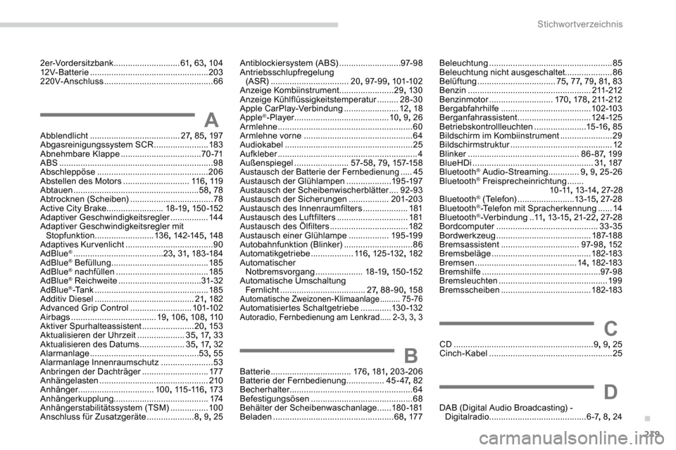 Peugeot Partner 2019  Betriebsanleitung (in German) 219
2er-Vordersitzbank ............................61, 63 , 104
12V-Batterie .................................................. 20
3
220V-Anschluss
 

.............................................. 66