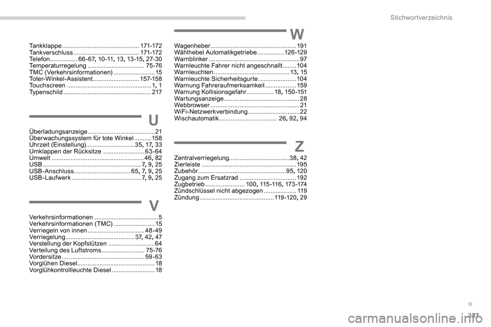 Peugeot Partner 2019  Betriebsanleitung (in German) 223
Tankklappe ............................................. 171-172
Tankverschluss  ...................................... 171-172
Telefon
 

................ 66- 67, 1 0 -11 , 13, 13 -15 , 27- 3 0
T