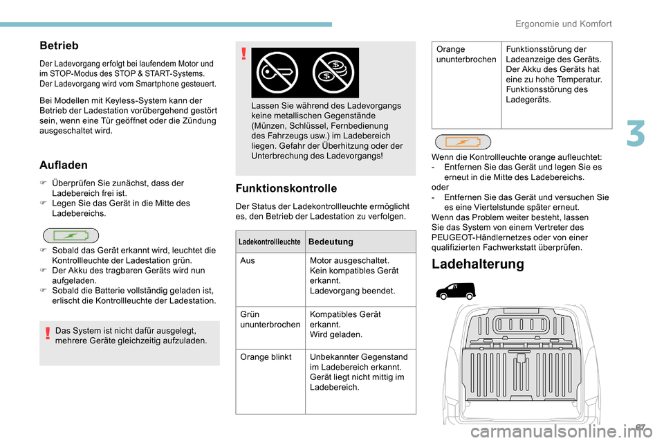 Peugeot Partner 2019  Betriebsanleitung (in German) 67
Aufladen
F Überprüfen Sie zunächst, dass der Ladebereich frei ist.
F
 
L
 egen Sie das Gerät in die Mitte des 
Ladebereichs.
Das System ist nicht dafür ausgelegt, 
mehrere Geräte gleichzeitig