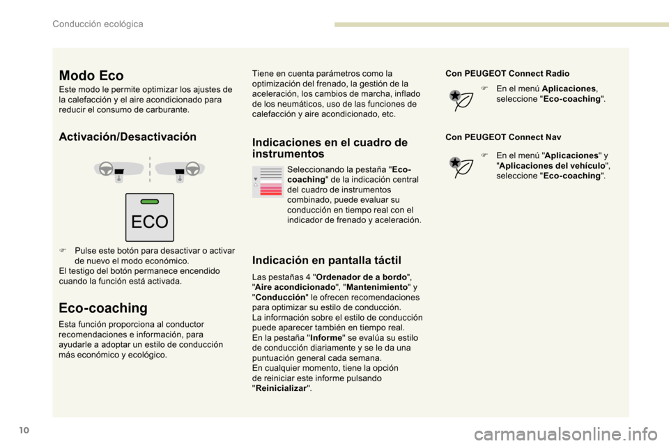 Peugeot Partner 2019 Manual del propietario (in Spanish) 10
Activación/Desactivación
F Pulse este botón para desactivar o activar de nuevo el modo económico.
El testigo del botón permanece encendido
cuando la función está activada.
Eco-coaching
Esta Peugeot Partner 2019 Manual del propietario (in Spanish) 10
Activación/Desactivación
F Pulse este botón para desactivar o activar de nuevo el modo económico.
El testigo del botón permanece encendido
cuando la función está activada.
Eco-coaching
Esta
