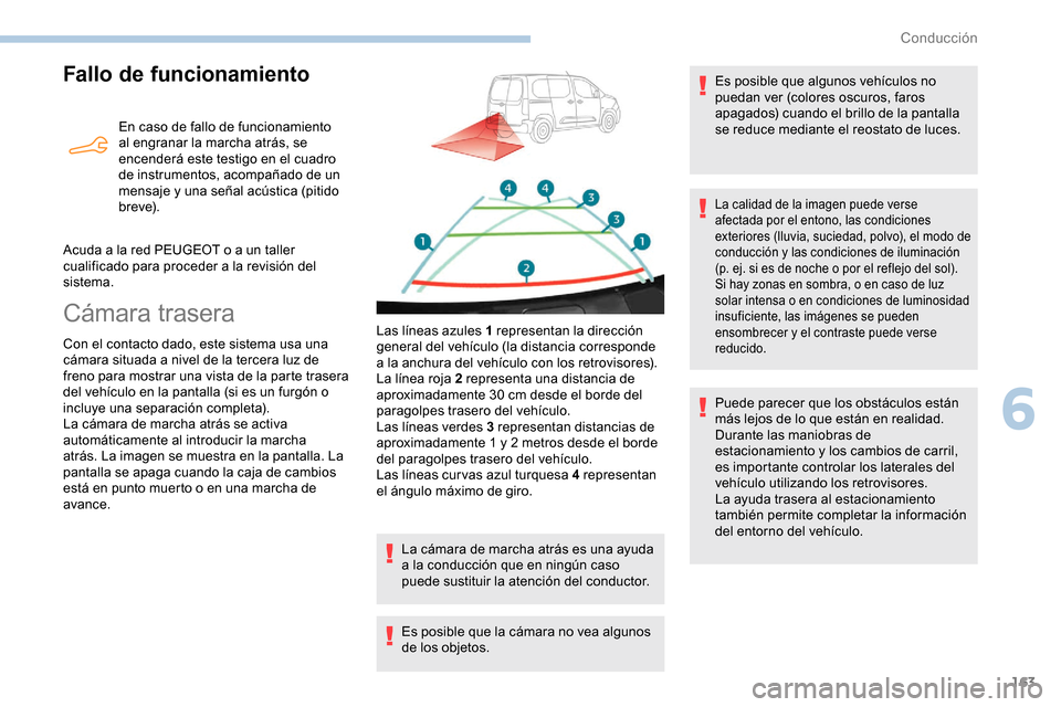 Peugeot Partner 2019  Manual del propietario (in Spanish) 163
Fallo de funcionamiento
En caso de fallo de funcionamiento 
al engranar la marcha atrás, se 
encenderá este testigo en el cuadro 
de instrumentos, acompañado de un 
mensaje y una señal acústi