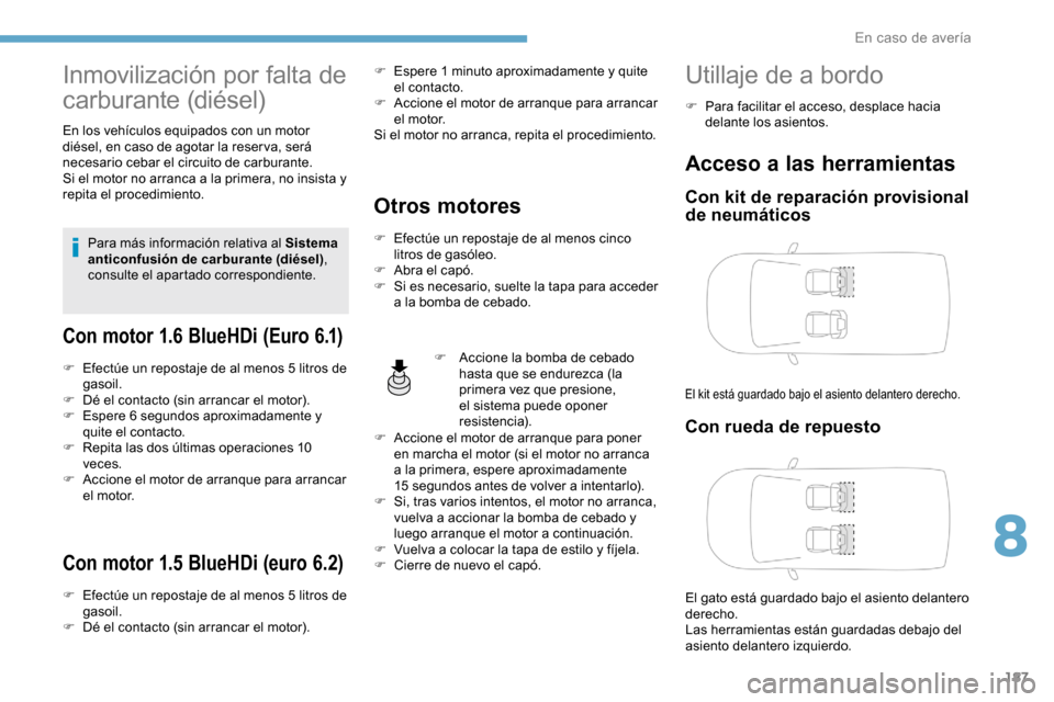 Peugeot Partner 2019  Manual del propietario (in Spanish) 187
Inmovilización por falta de 
carburante (diésel)
En los vehículos equipados con un motor 
diésel, en caso de agotar la reser va, será 
necesario cebar el circuito de carburante.
Si el motor n