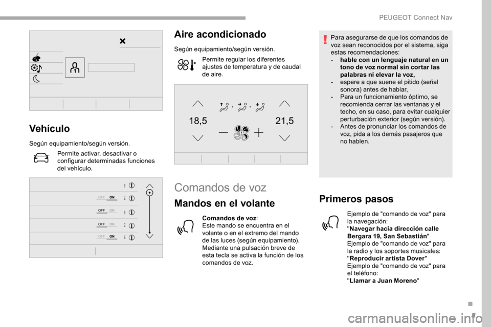 Peugeot Partner 2019  Manual del propietario (in Spanish) 5
21,518,5Vehículo
Según equipamiento/según versión.Permite activar, desactivar o 
configurar determinadas funciones 
del vehículo.
Aire acondicionado
Según equipamiento/según versión.Permite 