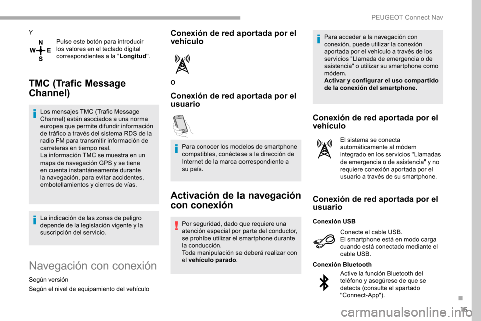 Peugeot Partner 2019  Manual del propietario (in Spanish) 15
YPulse este botón para introducir 
los valores en el teclado digital 
correspondientes a la " Longitud".
TMC (Trafic Message 
Channel)
Los mensajes TMC (Trafic Message 
Channel) están asociados a