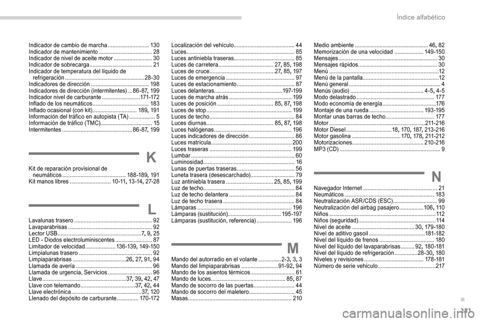 Peugeot Partner 2019  Manual del propietario (in Spanish) 221
Indicador de cambio de marcha ...........................13 0
Indicador de mantenimiento  ...................................28
Indicador de nivel de aceite motor
  .........................30
Ind