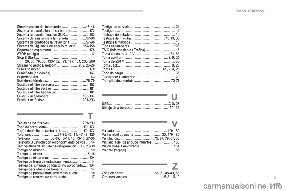 Peugeot Partner 2019  Manual del propietario (in Spanish) 223
Sincronización del telemando ...........................45 -46
Sistema anticonfusión de carburante  ....................172
Sistema anticontaminación SCR
 

..........................183
Sistem